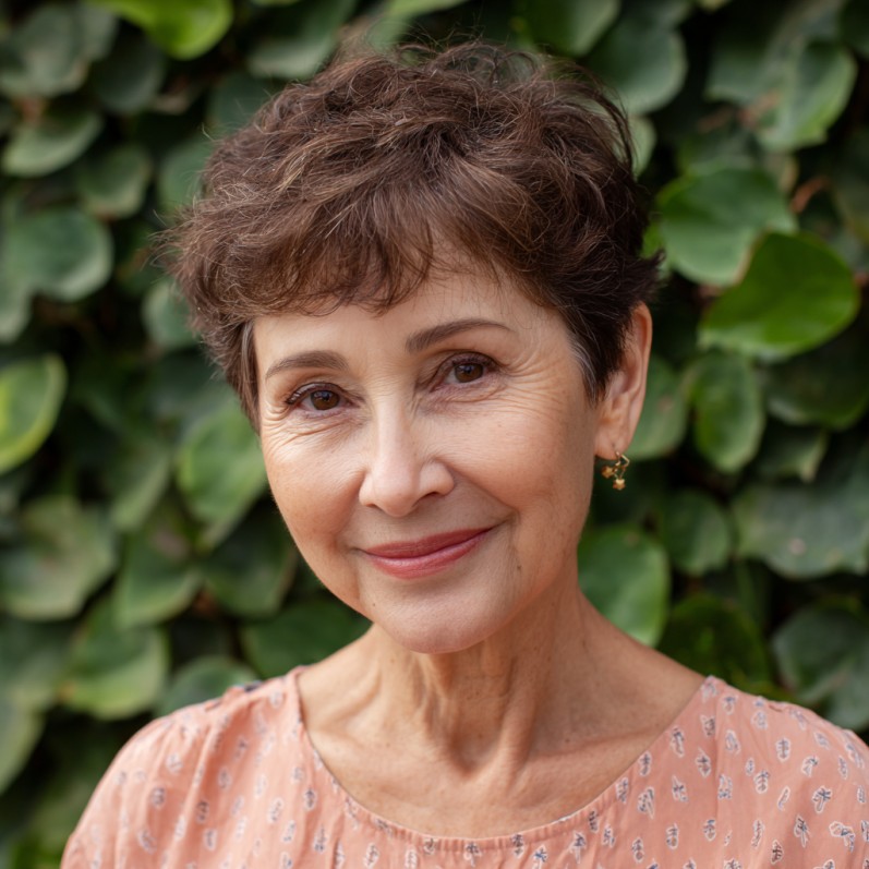 Chic Curly Brunette Pixie with Soft Volume