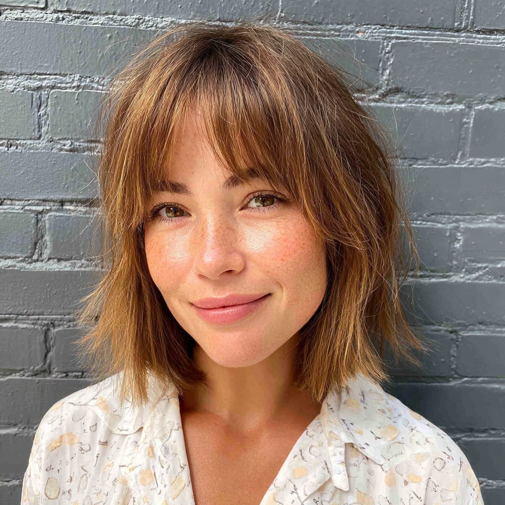 Chic Frayed Bob with Playful Bangs