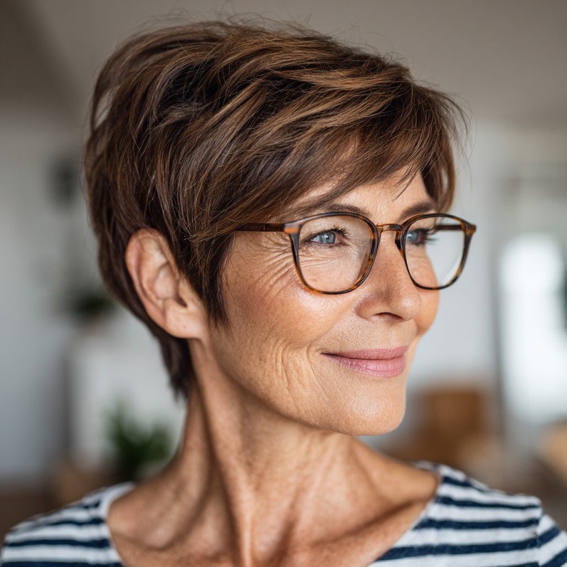 Chic Layered Brunette Pixie with Subtle Highlights