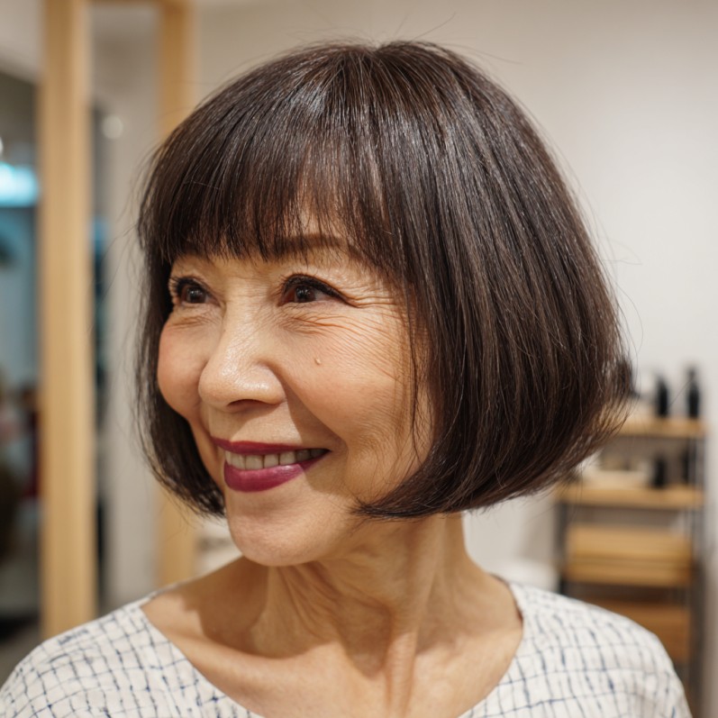 Chic Rounded Brunette Bob with Soft Bangs