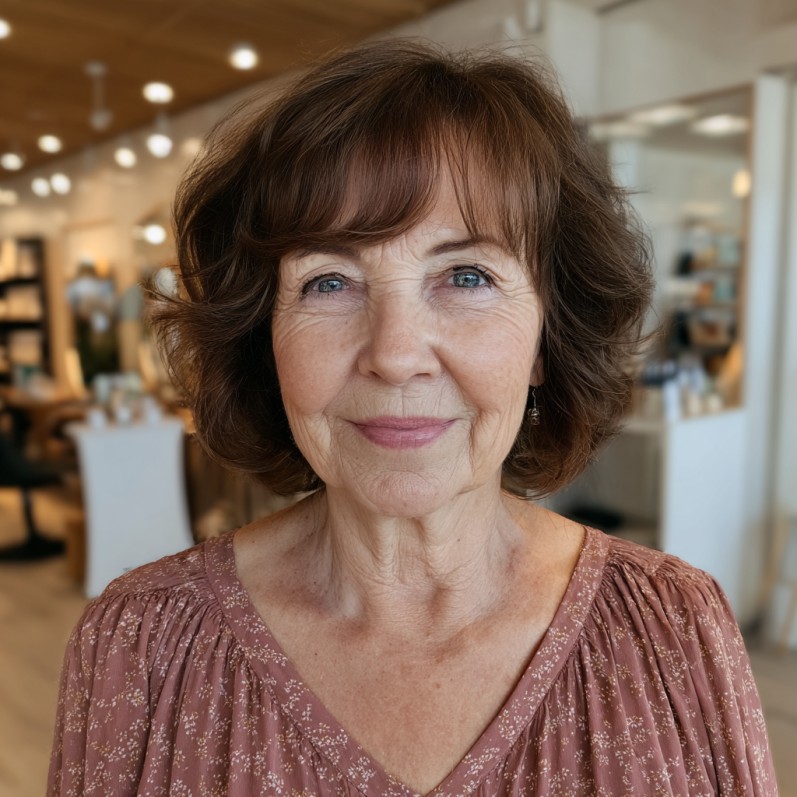 Chic Textured Brunette Bob with Soft Bangs