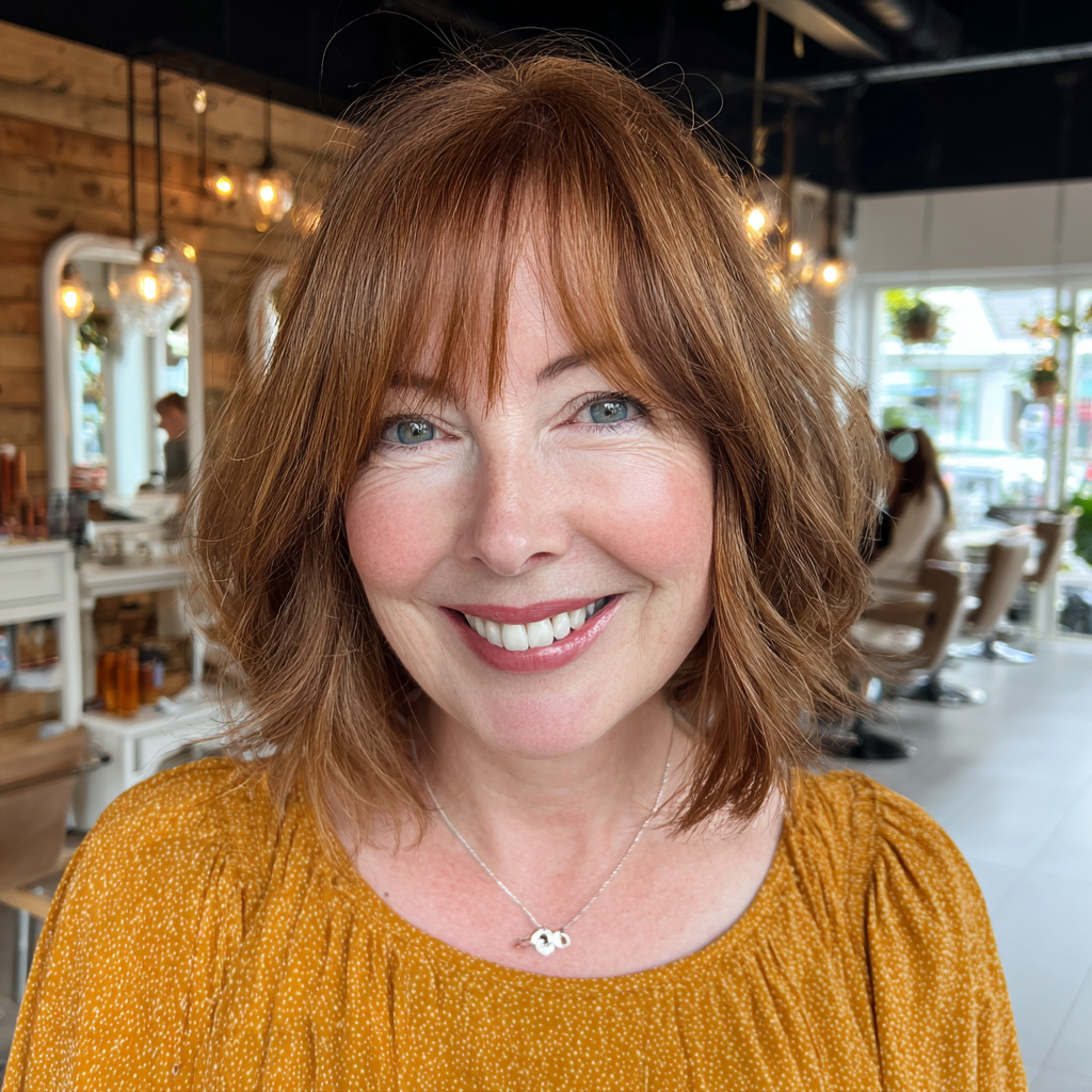 Chic Textured Copper Bob with Soft Bangs