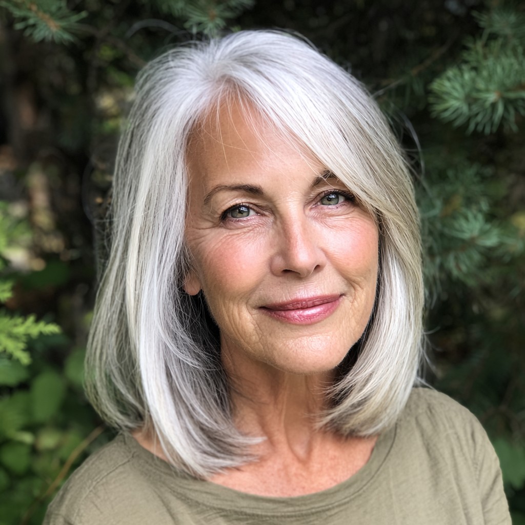 Classic Silvery Lob with Subtle Face Framing