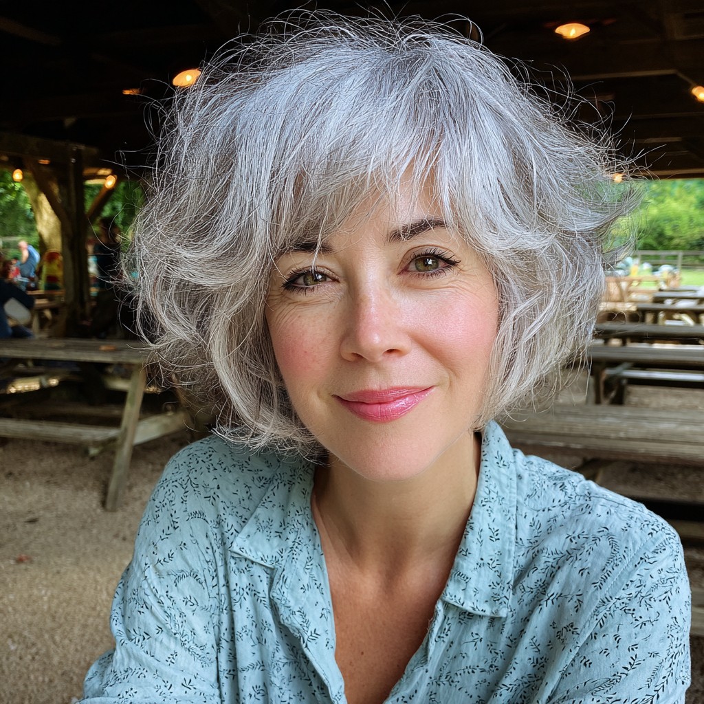 Effortlessly Tousled Grey Bob with Natural Volume