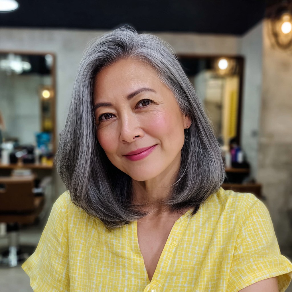 Elegant Layered Gray Bob with Soft Face-Framing Waves