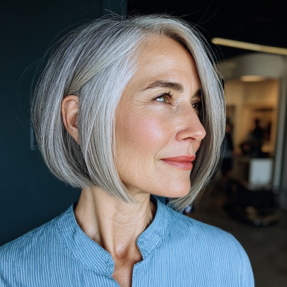 Modern Asymmetrical Silver Inverted Bob with Soft Movement