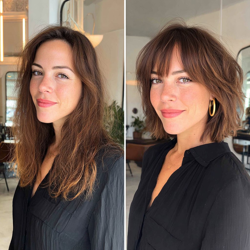 Modern Frayed Bob with Soft Texture and Bangs
