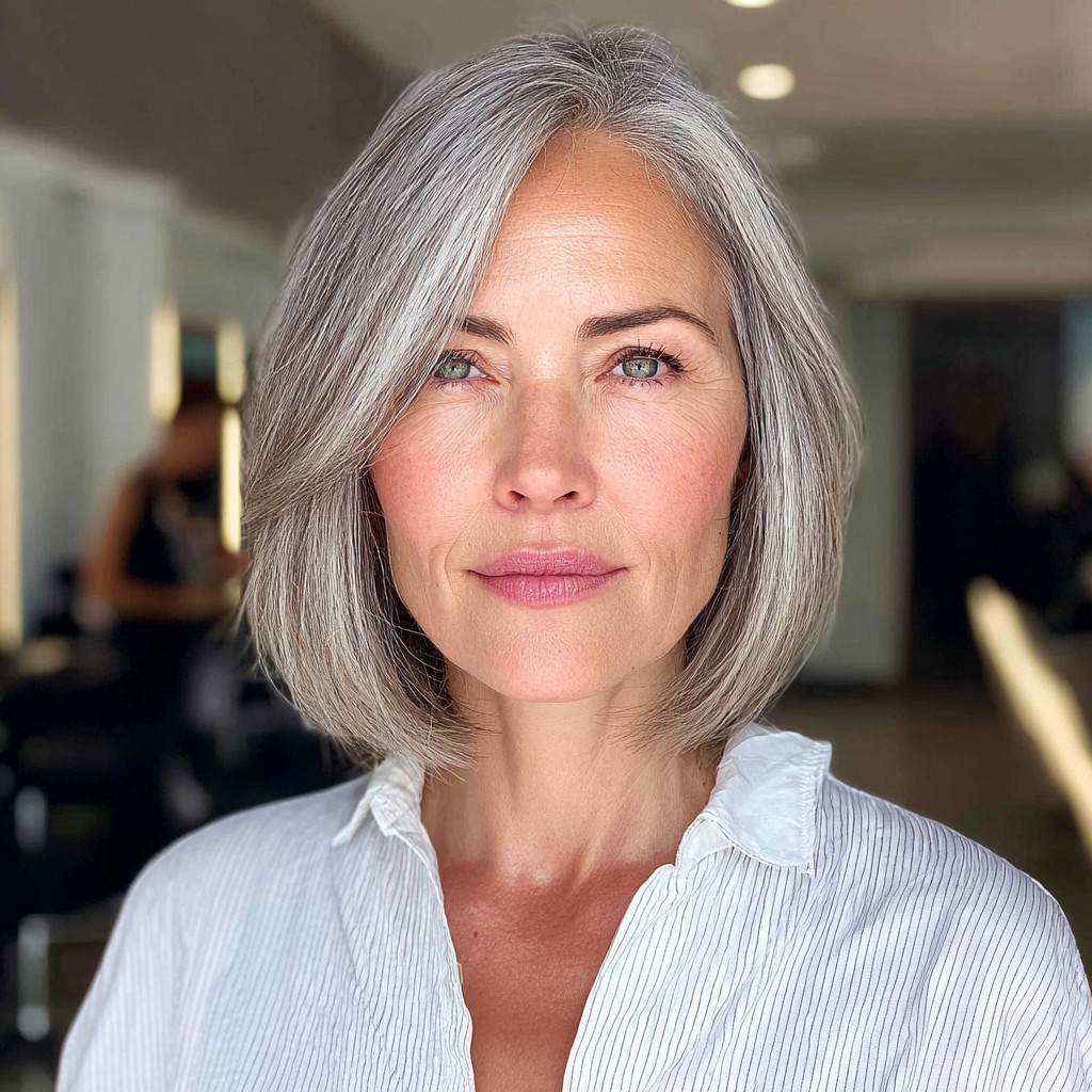 Modern Grey Bob with Subtle Side Swept Layers