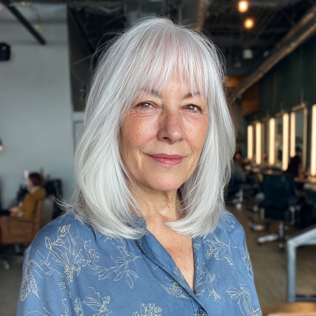 soft silvery layered cut with face framing bangs