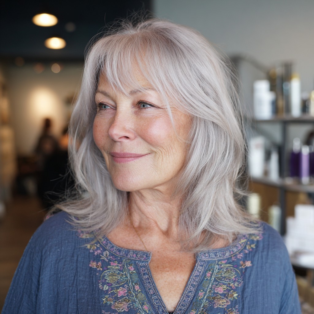 Softly Layered Silver Cut with Face-Framing Bangs