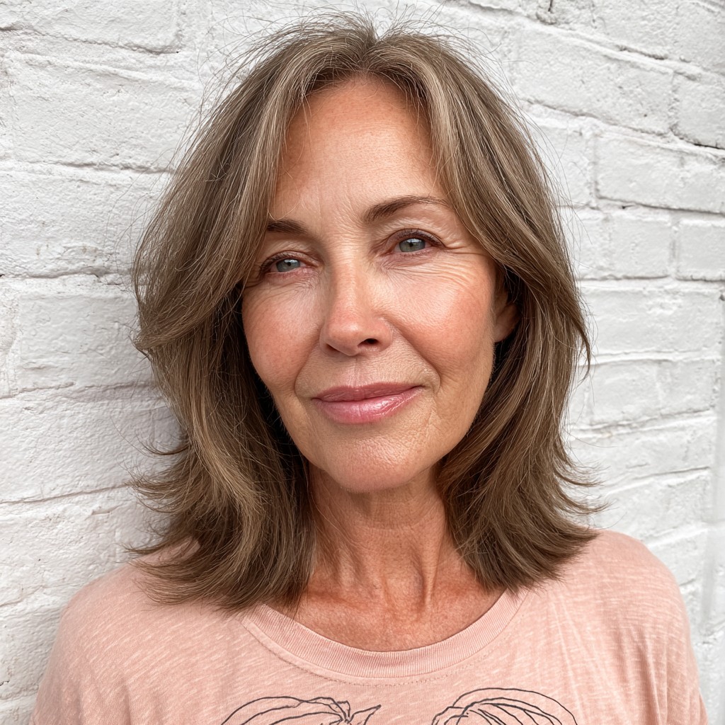 Softly Layered Warm Brown Midi Bob with Face-Framing Texture