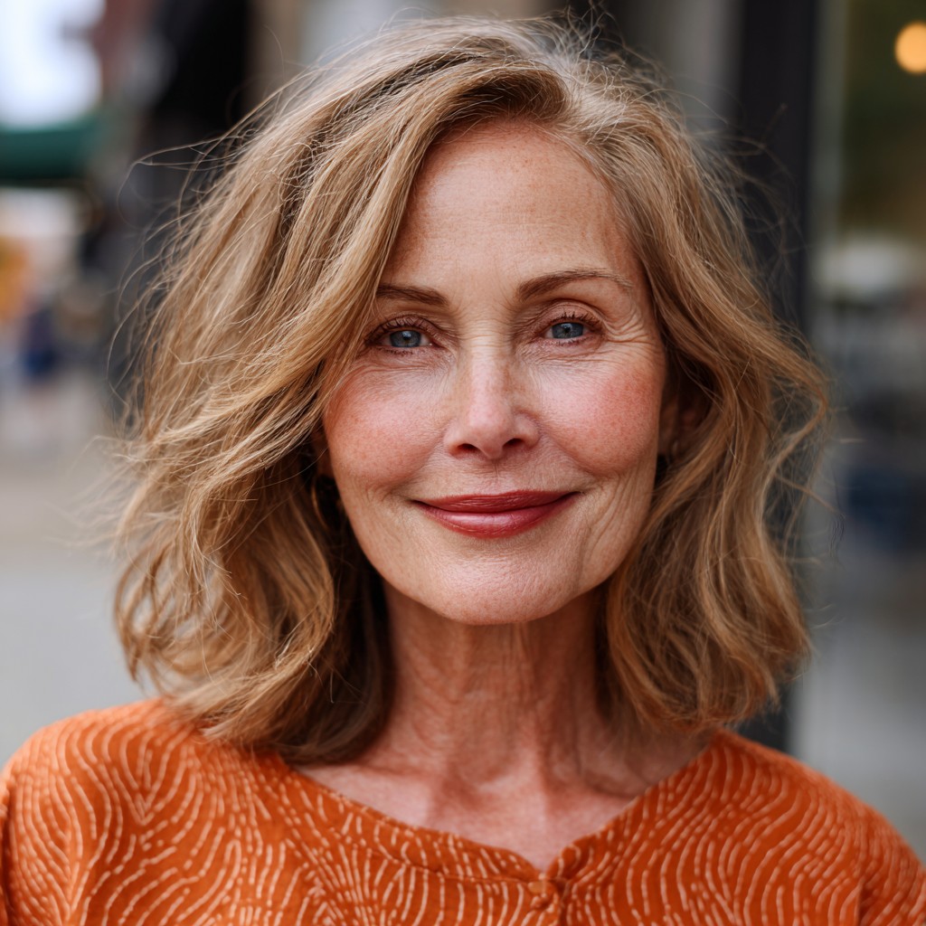 Softly Layered Warm Brown Midi Bob with Natural Texture