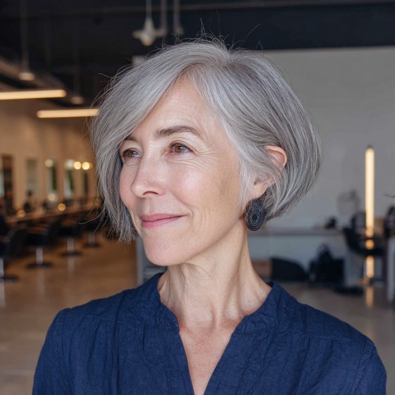 Softly Textured Gray Bob with Side-Swept Bangs