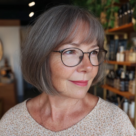 Softly Textured Gray Bob with Subtle Fringe