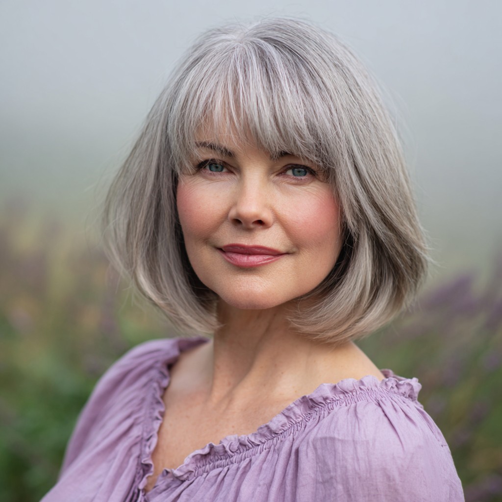 Softly Textured Grey Bob with Subtle Bangs