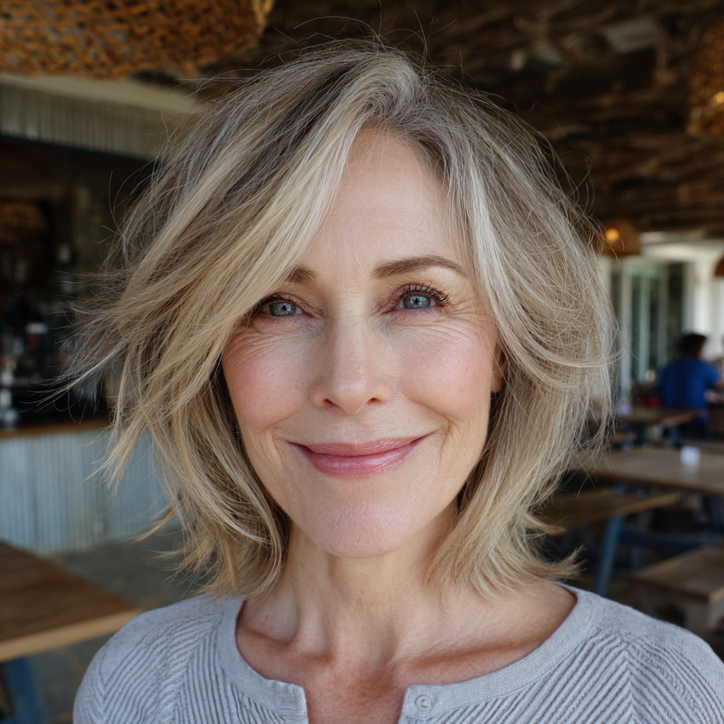Textured Ash Blonde Midi Bob with Soft Layers