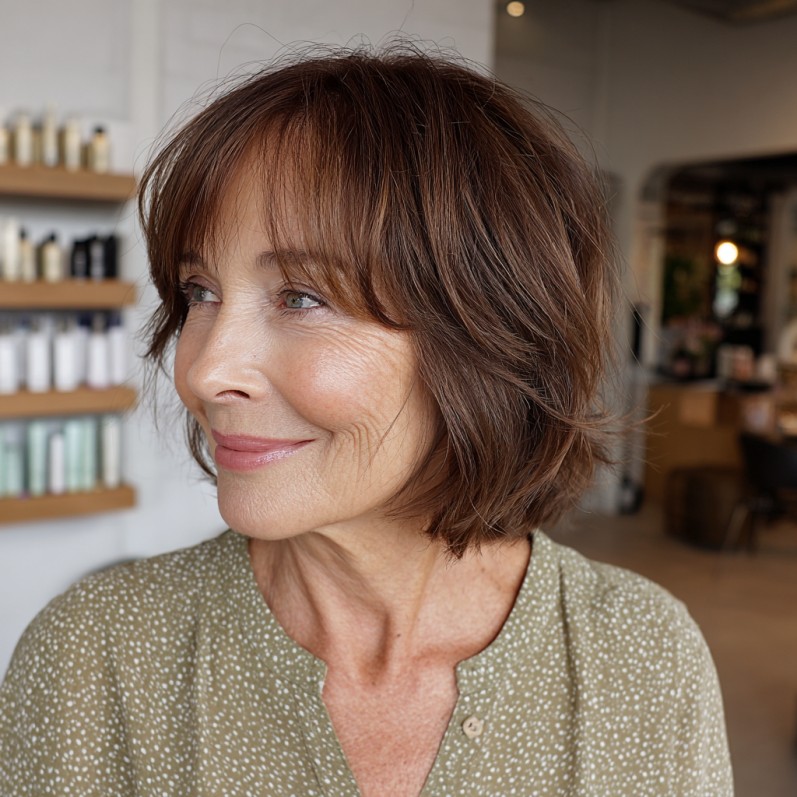 Textured Brunette Lob with Soft Fringe