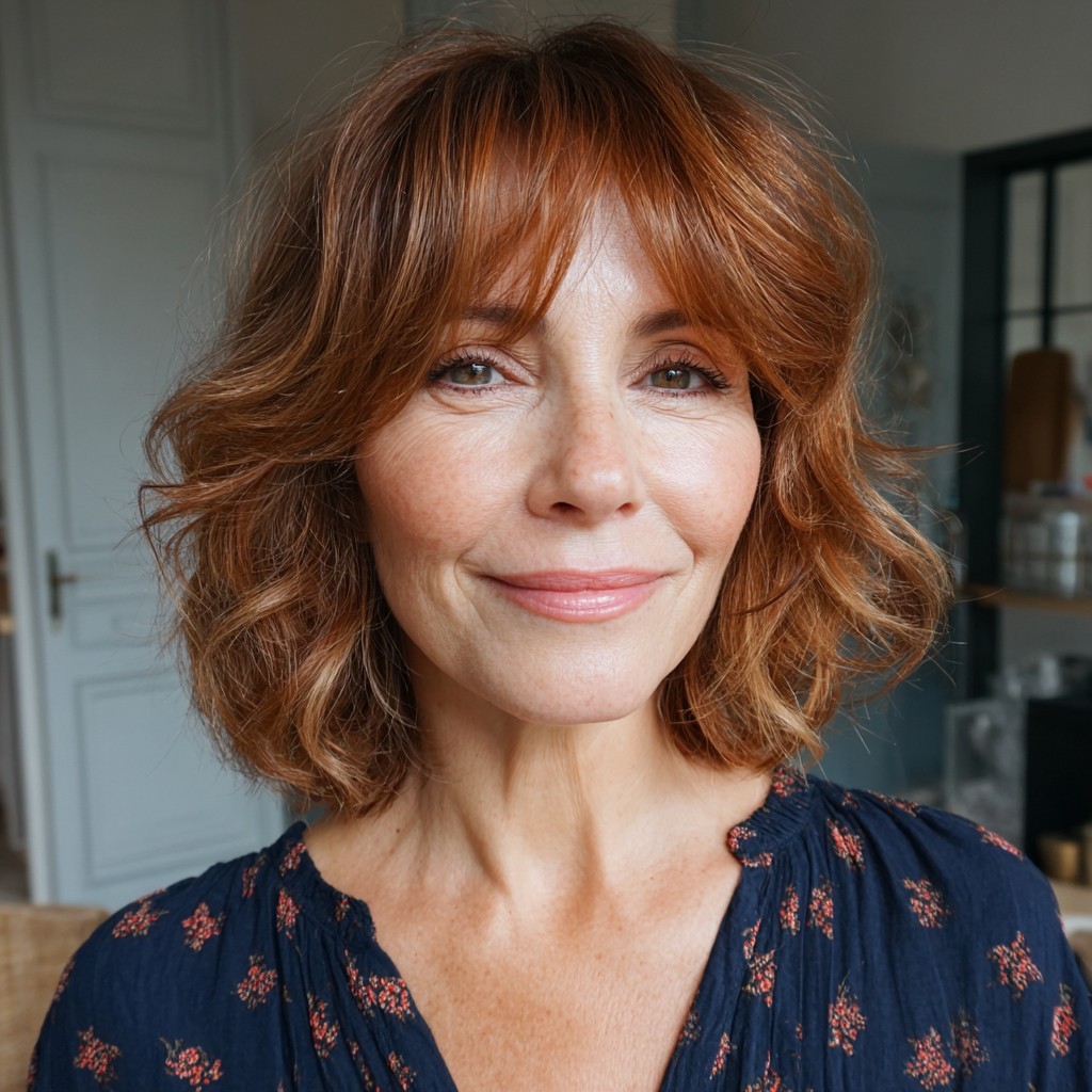 Textured Copper Midi Bob with Soft Bangs