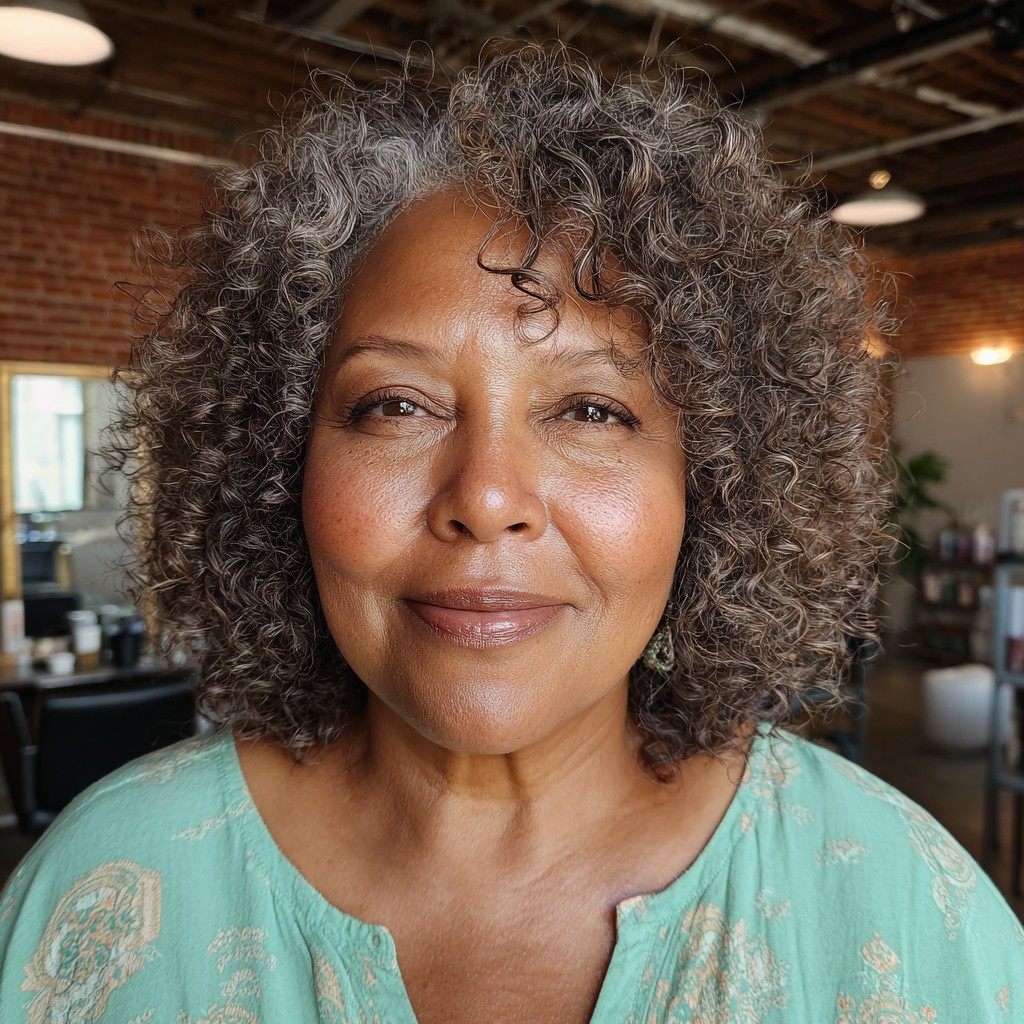 Textured Curly Midi Bob with Natural Highlights