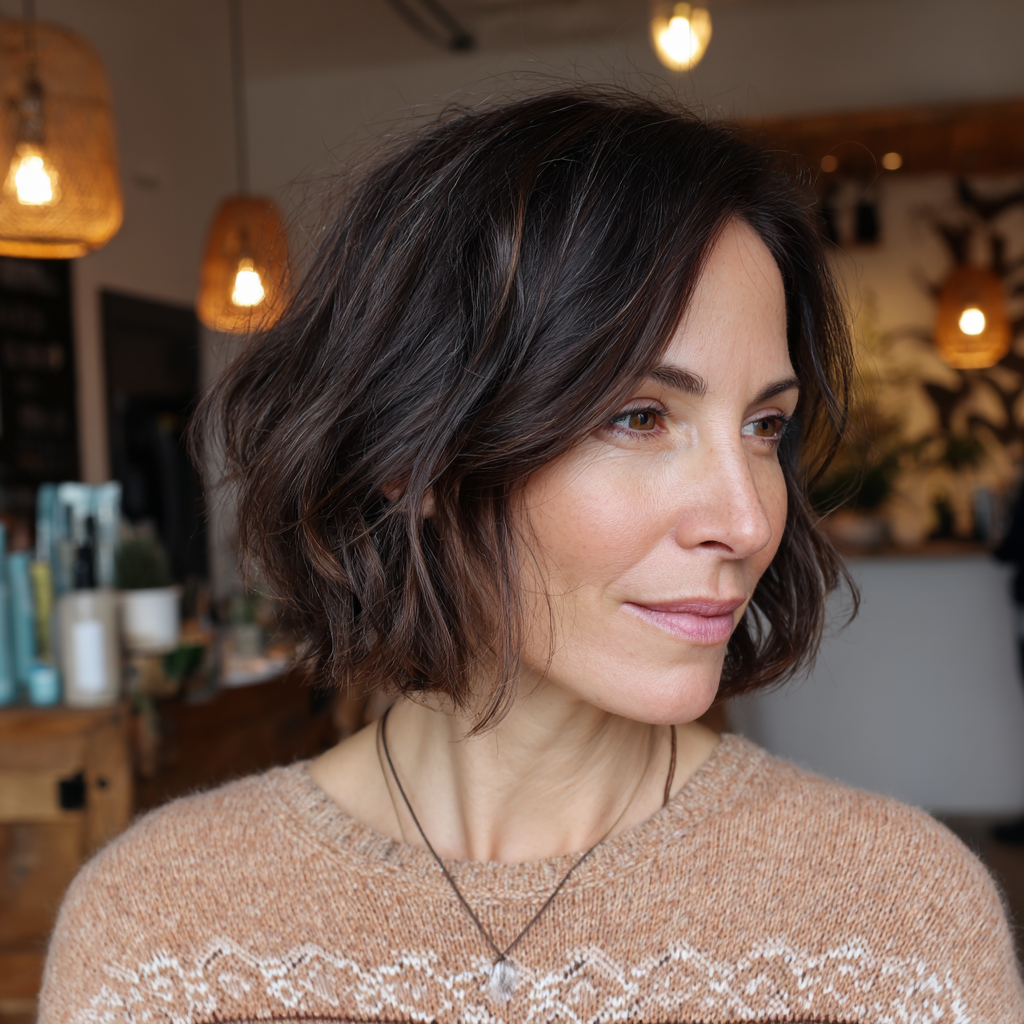 Textured Dark Brown Wavy Bob with Soft Ends