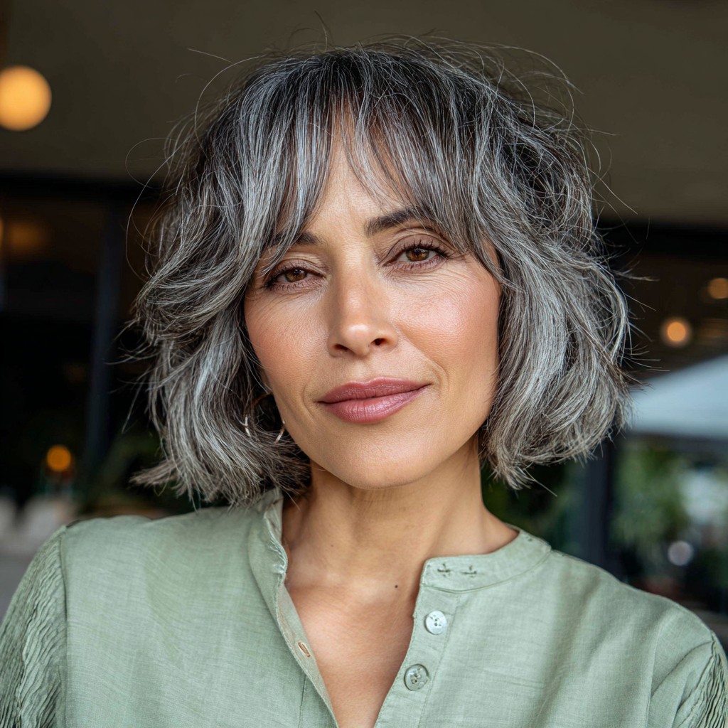 Textured Grey Bob with Soft Fringe