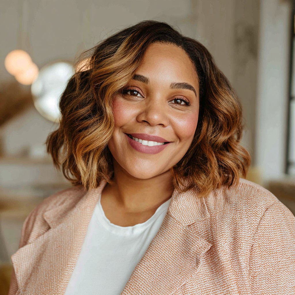 Textured Shoulder-Length Curls with Warm Highlights