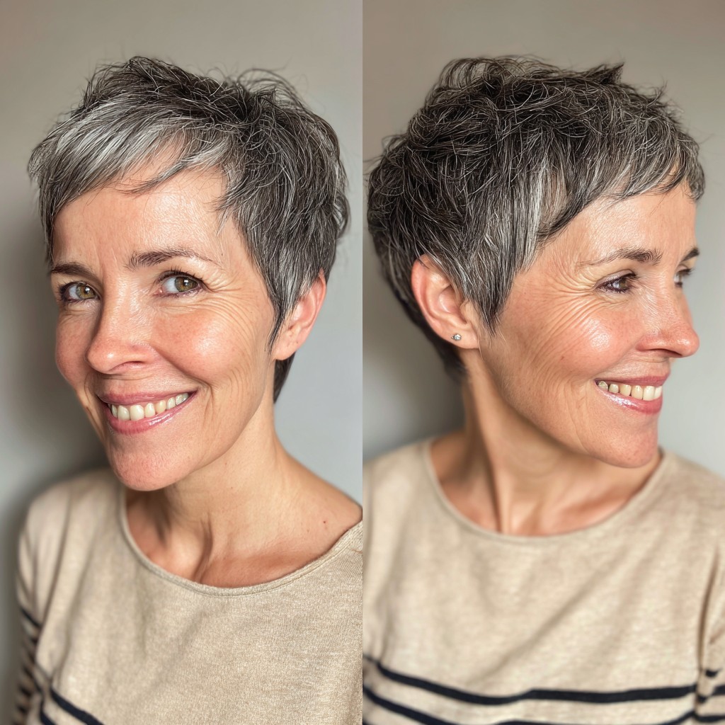 Textured Silver Side-Parted Pixie with Soft Layers