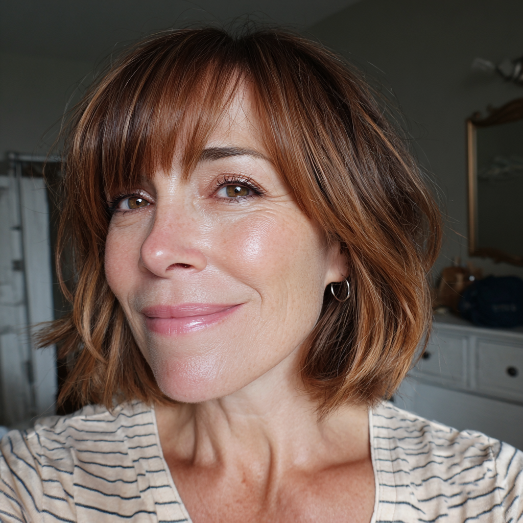 Textured Warm Auburn Bob with Soft Bangs