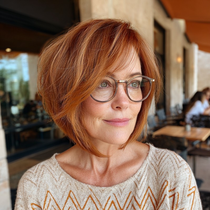 Warm Copper Stacked Bob with Soft Face-Framing Layers