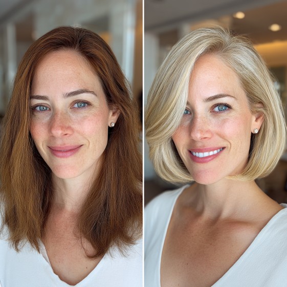 chic blunt bob with soft blonde highlights