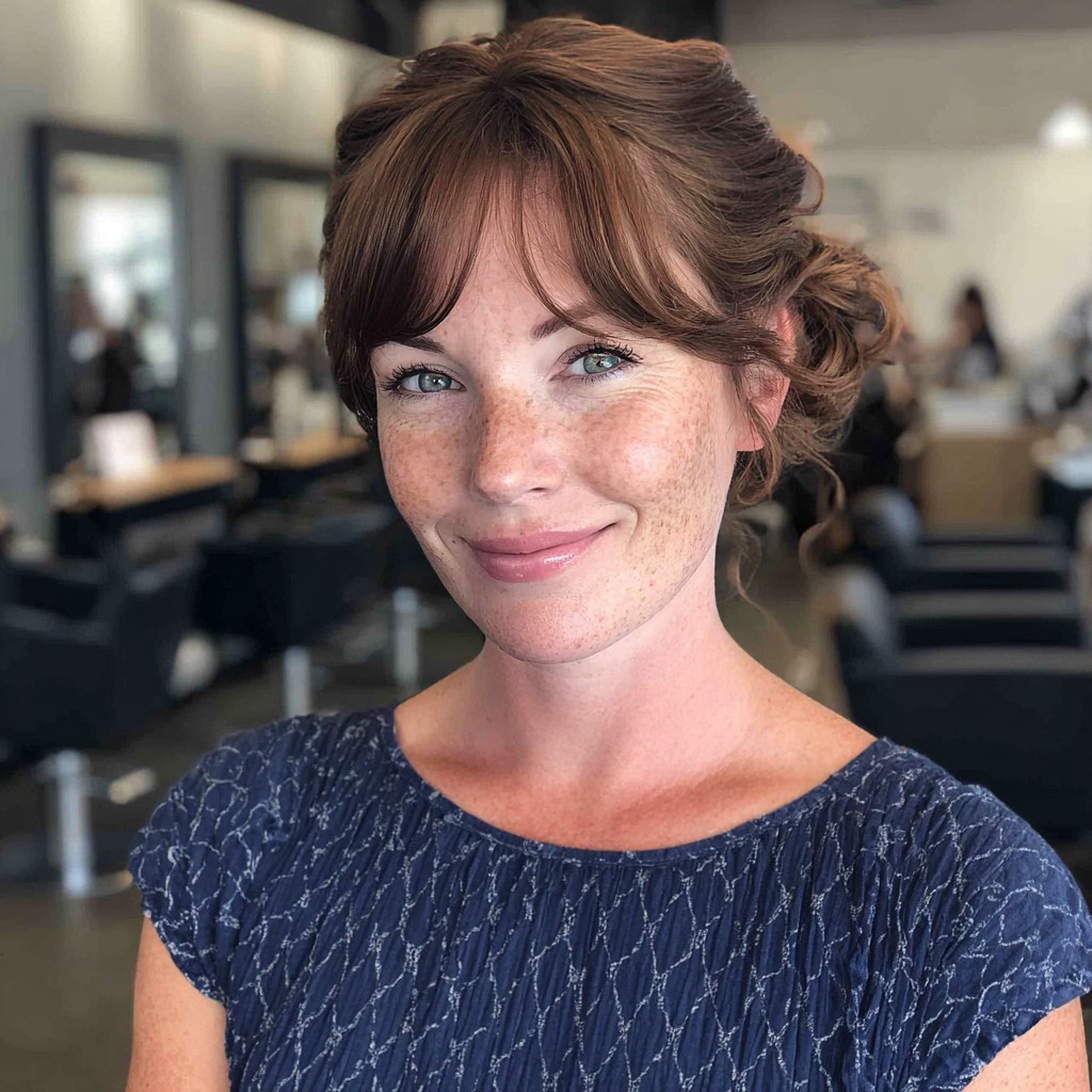 Chic Curly Half-Updo with Soft Bangs