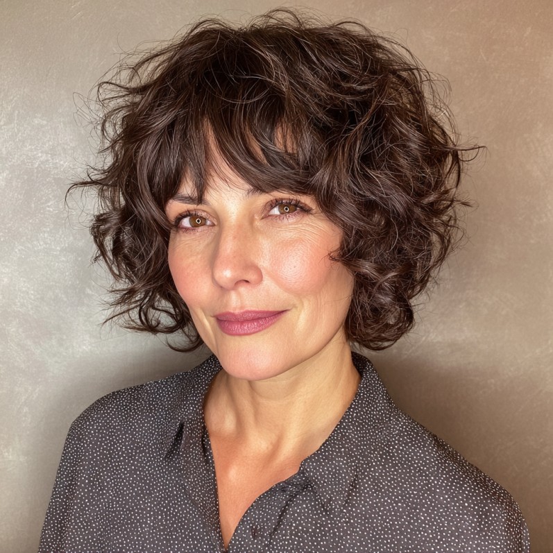 Chic Curly Shoulder-Length Cut with Soft Bangs