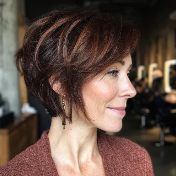 Chic Curved Pixie Cut with Rich Auburn Highlights