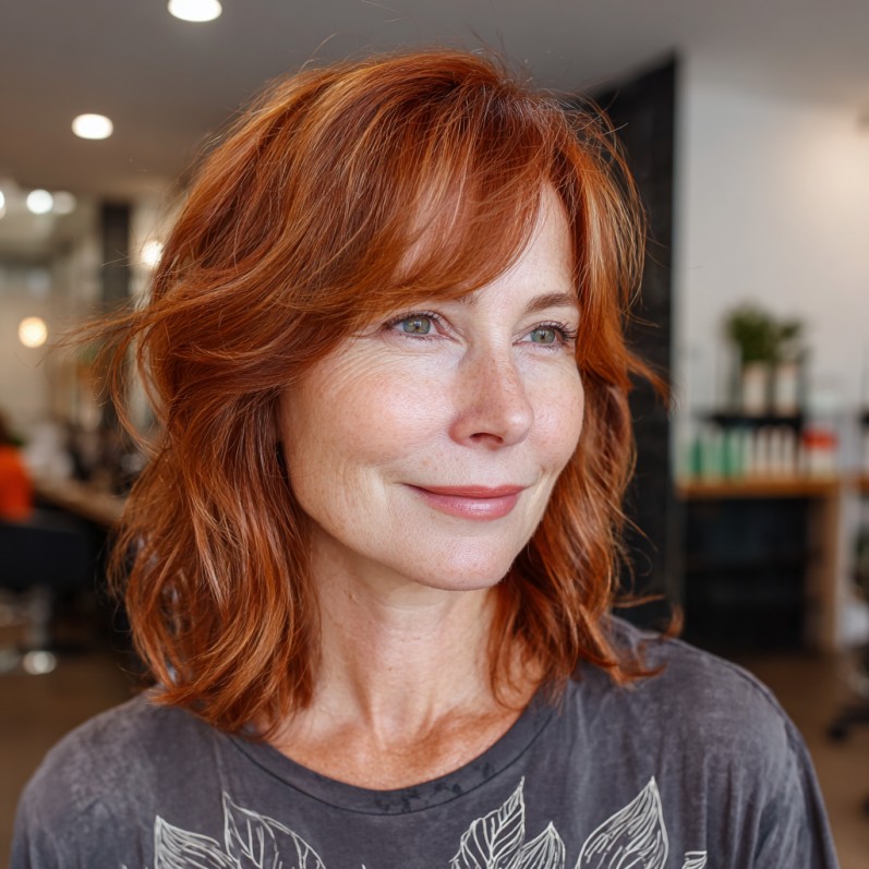 chic layered copper bob with soft waves