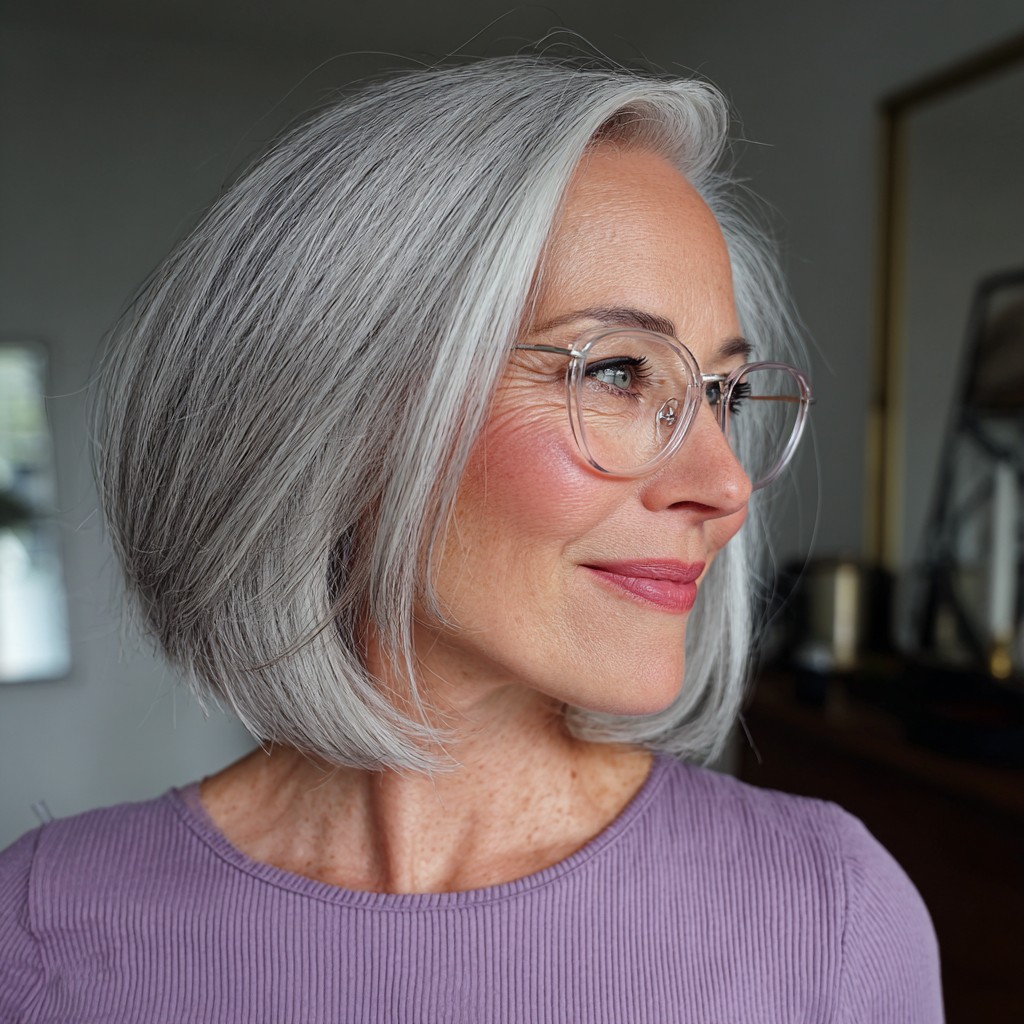 chic silver angled bob with soft layers