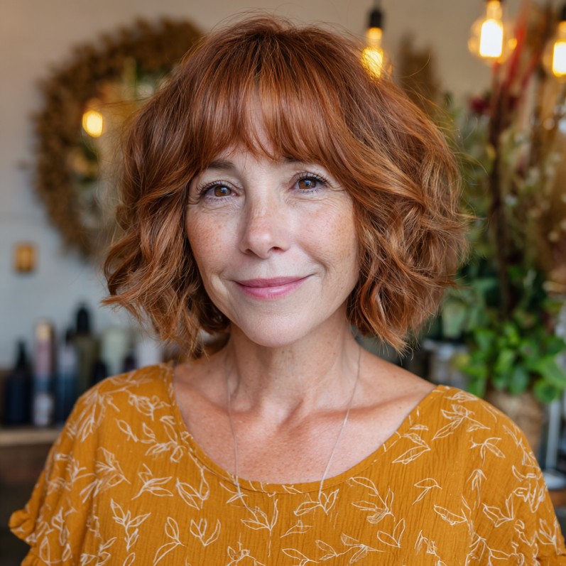Chic Textured Copper Bob with Soft Waves