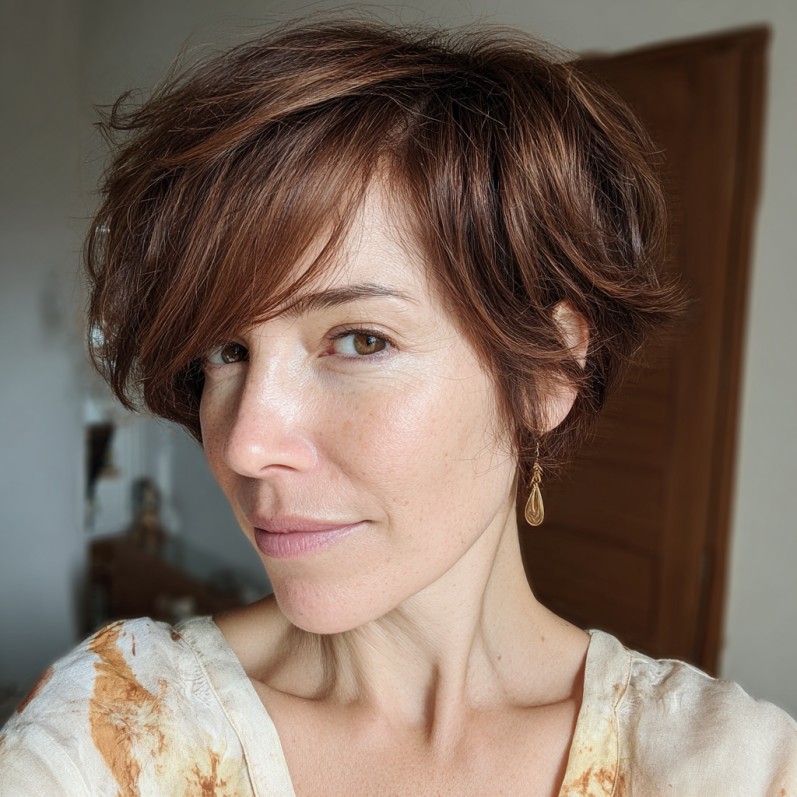 Choppy Layered Medium Pixie Bob with Rich Chestnut Tones