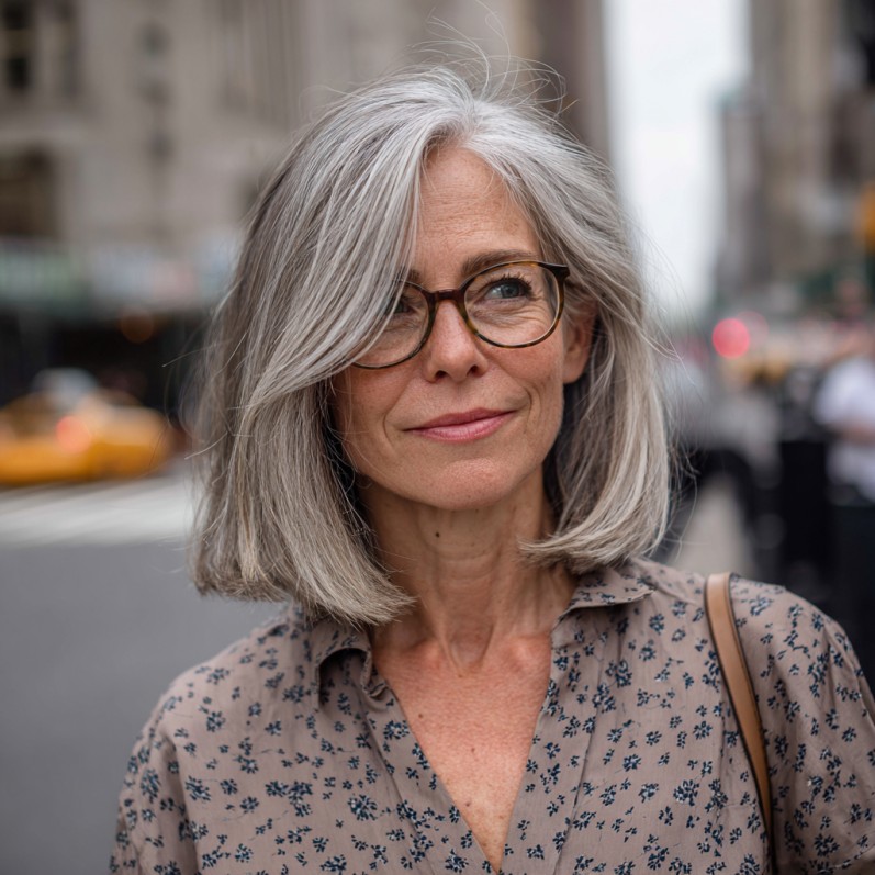 Effortlessly Chic Silver Lob with Soft Face-Framing Layers