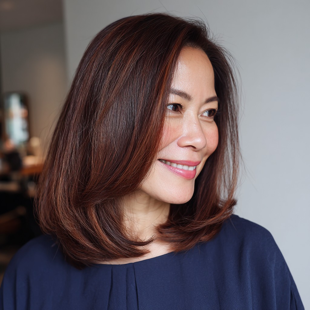 Glossy Chestnut Lob with Subtle Layers