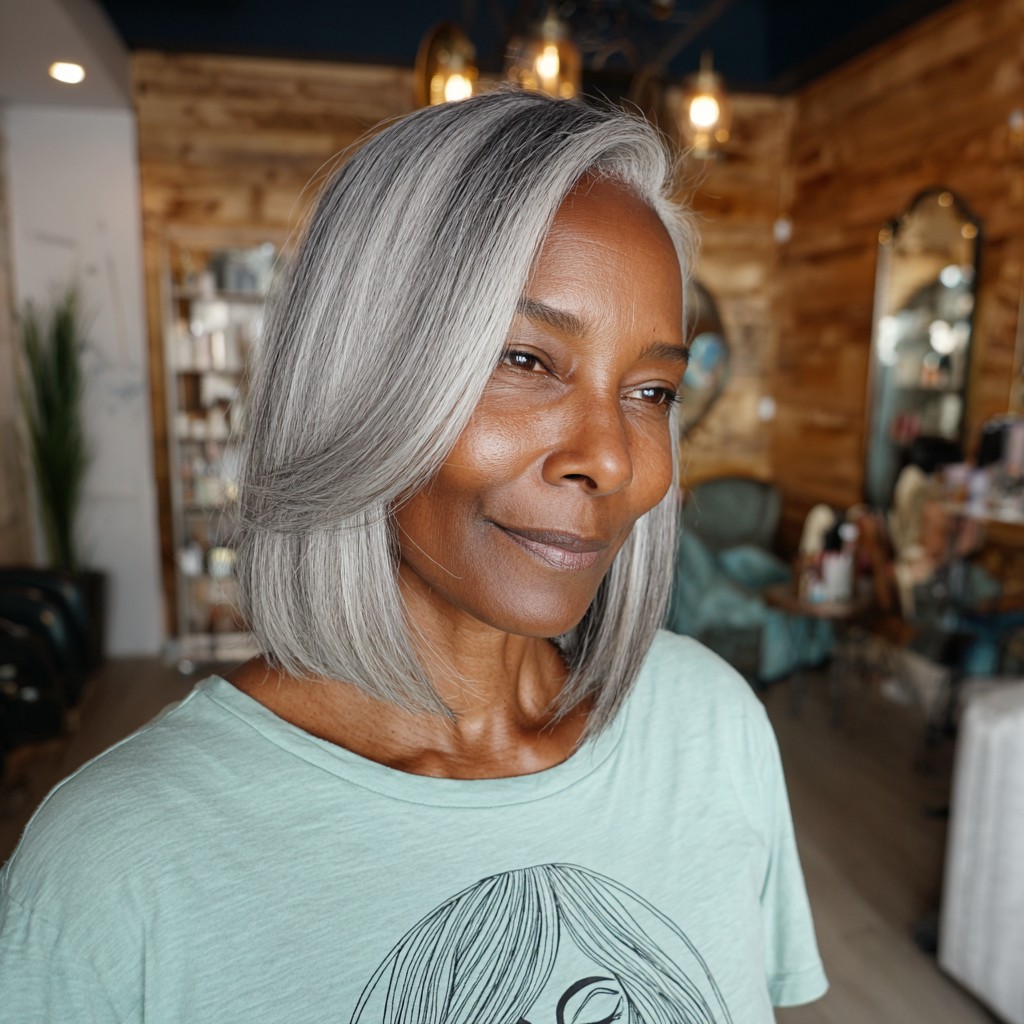 Graceful Silver Lob with Softly Framed Bangs