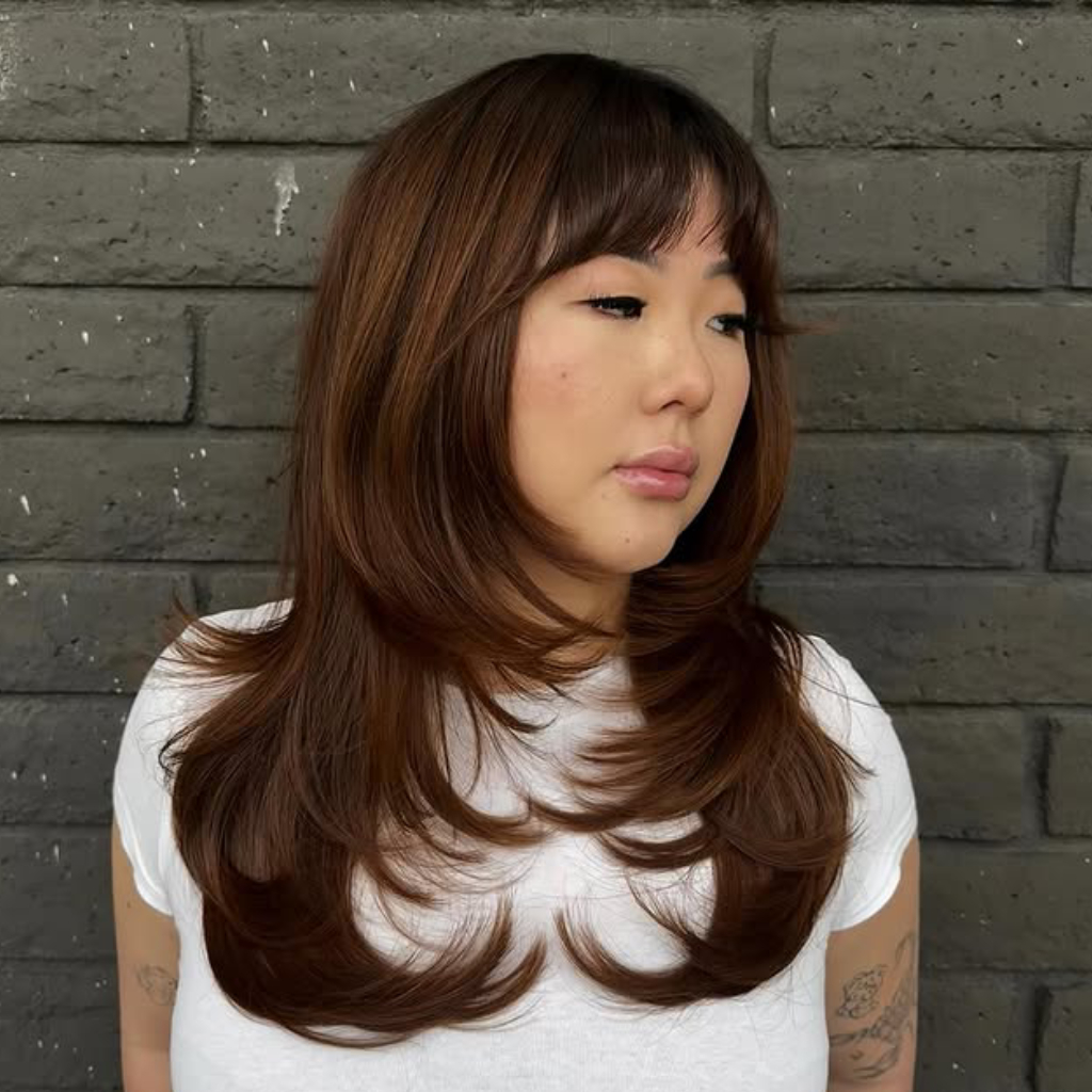 Layered Brunette Cut with Face-Framing Bangs