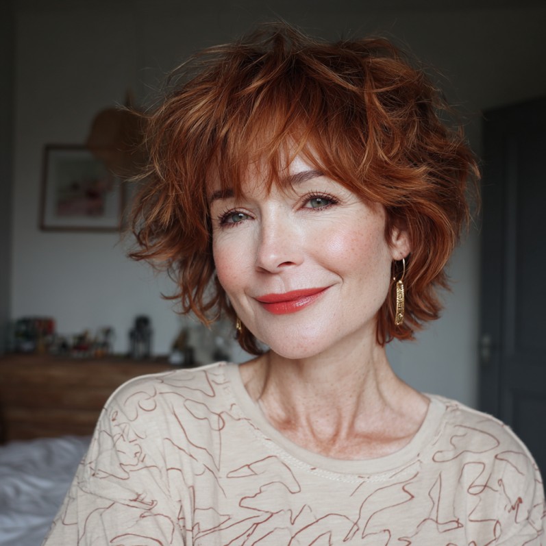 Playful Textured Copper Crop with Soft Bangs