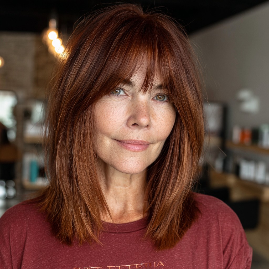 Rich Auburn Lob with Soft Feathered Bangs