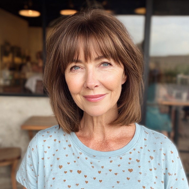 Softly Layered Brunette Bob with Wispy Bangs
