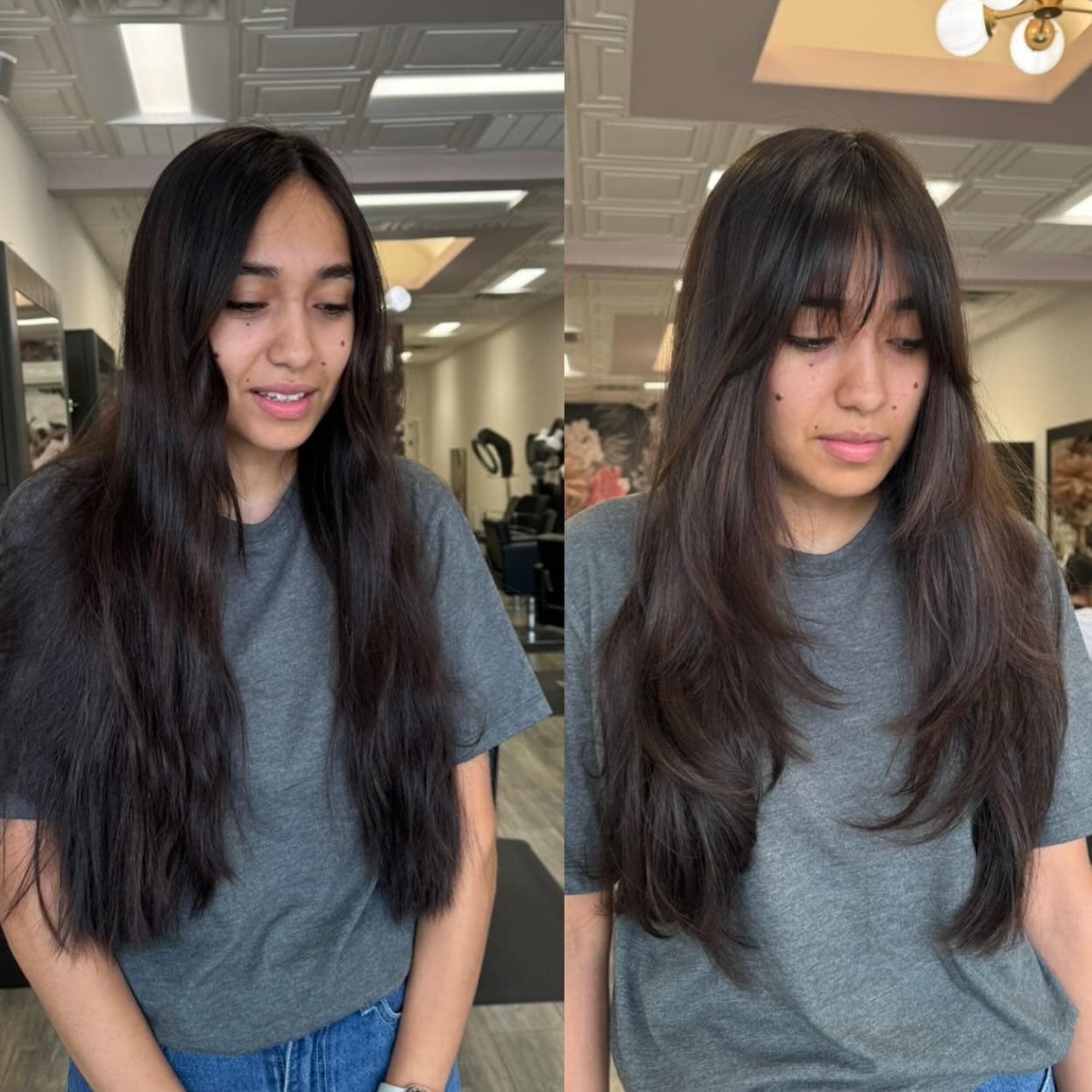 Softly Layered Dark Brown Cut with Face-Framing Bangs