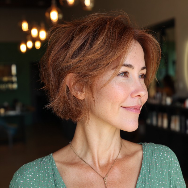 Softly Layered Medium Pixie Bob with Warm Copper Tones