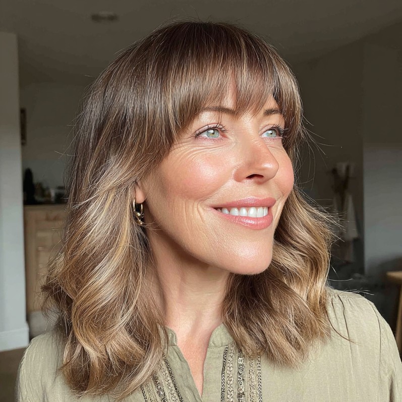 Softly Textured Mid-Length Cut with Wispy Bangs