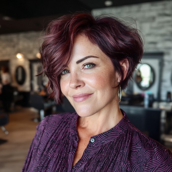 Stylish Curly Pixie Bob with Rich Burgundy Tones