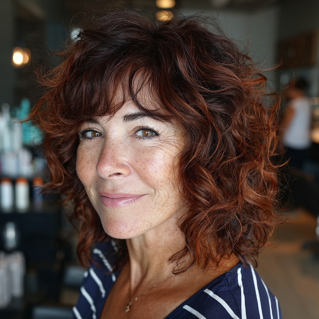 Textured Auburn Curls with Soft Fringe