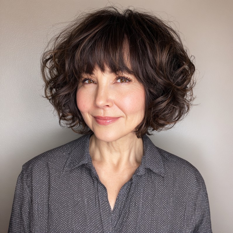 Textured Curly Bob with Full Bangs